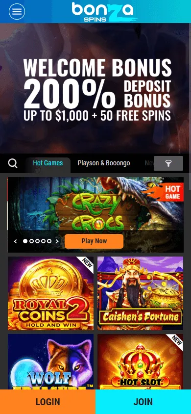 Bonza Spins Casino home page on a mobile screen