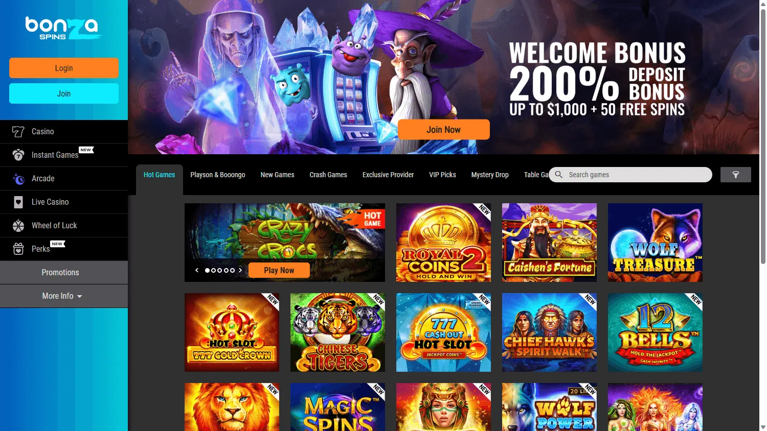 Bonza Spins Casino home page on a desktop screen