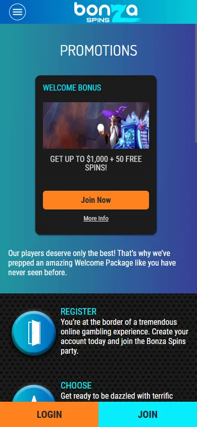 Bonza Spins Casino promotions area on a mobile screen