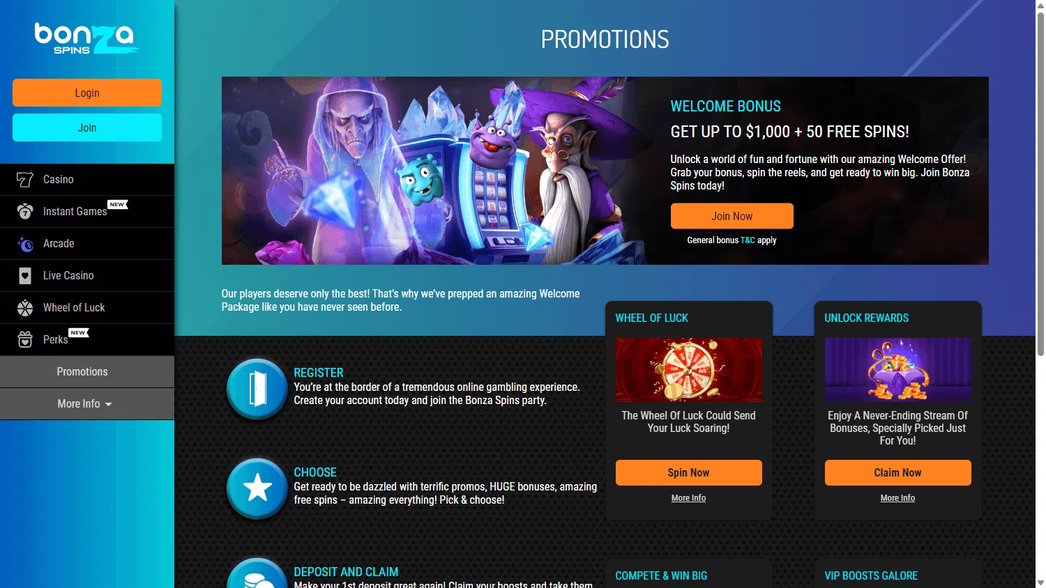 Bonza Spins Casino promotions area on a desktop screen
